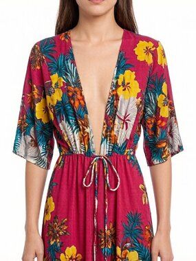 Janice Tropical Floral Print Maxi Kimono Cover Up Cardigan OS